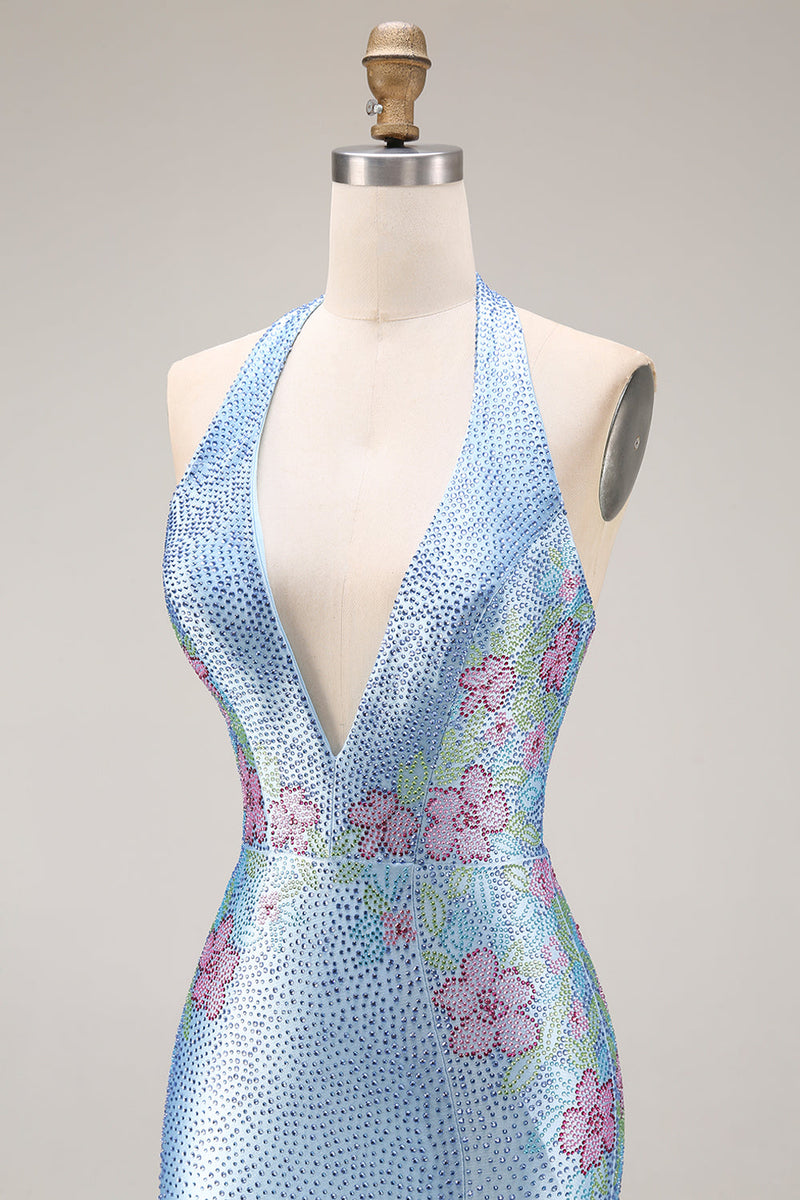 Laden Sie das Bild in den Galerie-Viewer, Glitzerndes Hellblaues Satin Meerjungfrauen Langes V-Ausschnitt Ballkleid mit Perlen