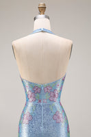 Laden Sie das Bild in den Galerie-Viewer, Glitzerndes Hellblaues Satin Meerjungfrauen Langes V-Ausschnitt Ballkleid mit Perlen