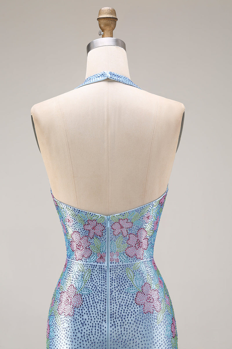 Laden Sie das Bild in den Galerie-Viewer, Glitzerndes Hellblaues Satin Meerjungfrauen Langes V-Ausschnitt Ballkleid mit Perlen