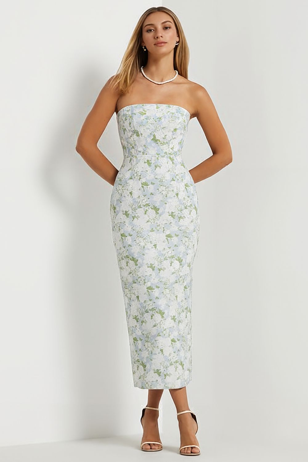 Trägerloses Scheide Langes Blaues Weißes Blumen Satin Brautjungfernkleid mit Schleife