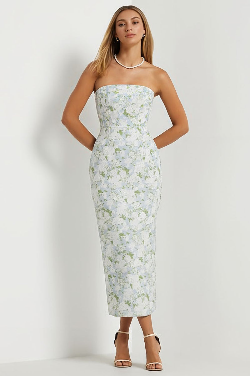 Laden Sie das Bild in den Galerie-Viewer, Trägerloses Scheide Langes Blaues Weißes Blumen Satin Brautjungfernkleid mit Schleife