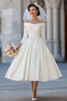 Laden Sie das Bild in den Galerie-Viewer, Elfenbein Midi Standesamtkleid mit abnehmbarer Schleife ohne Schulter