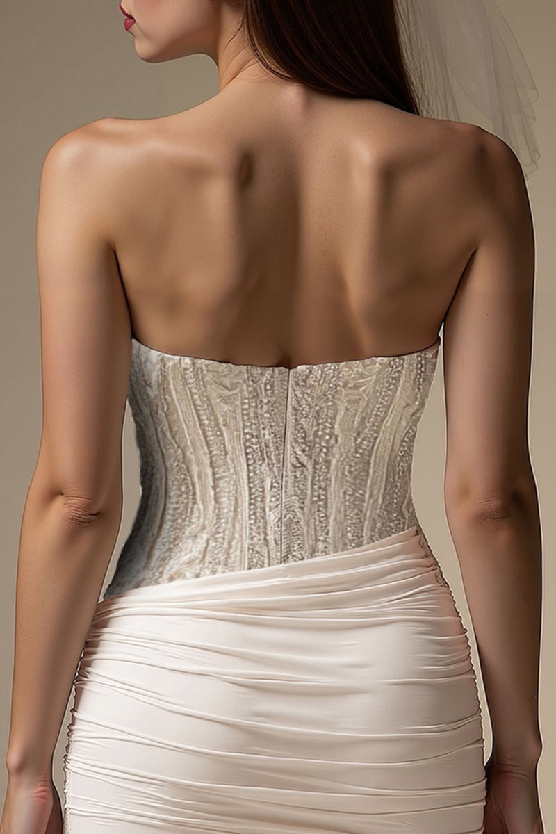 Laden Sie das Bild in den Galerie-Viewer, Elfenbein Herzausschnitt Bodycon Plissiertes Kurzes Standesamtkleid