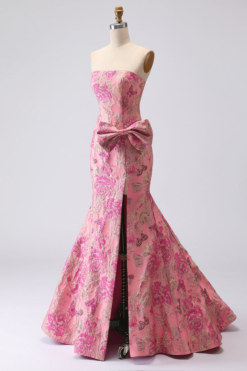 Laden Sie das Bild in den Galerie-Viewer, Fuchsia Meerjungfrauen Schleife Trägerloses Jacquard Langes Ballkleid mit Schlitz