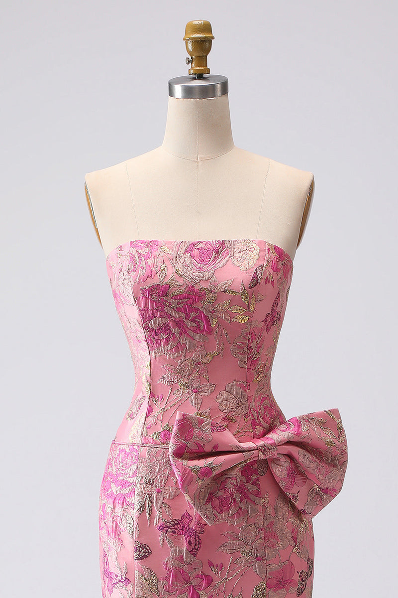 Laden Sie das Bild in den Galerie-Viewer, Fuchsia Meerjungfrauen Schleife Trägerloses Jacquard Langes Ballkleid mit Schlitz