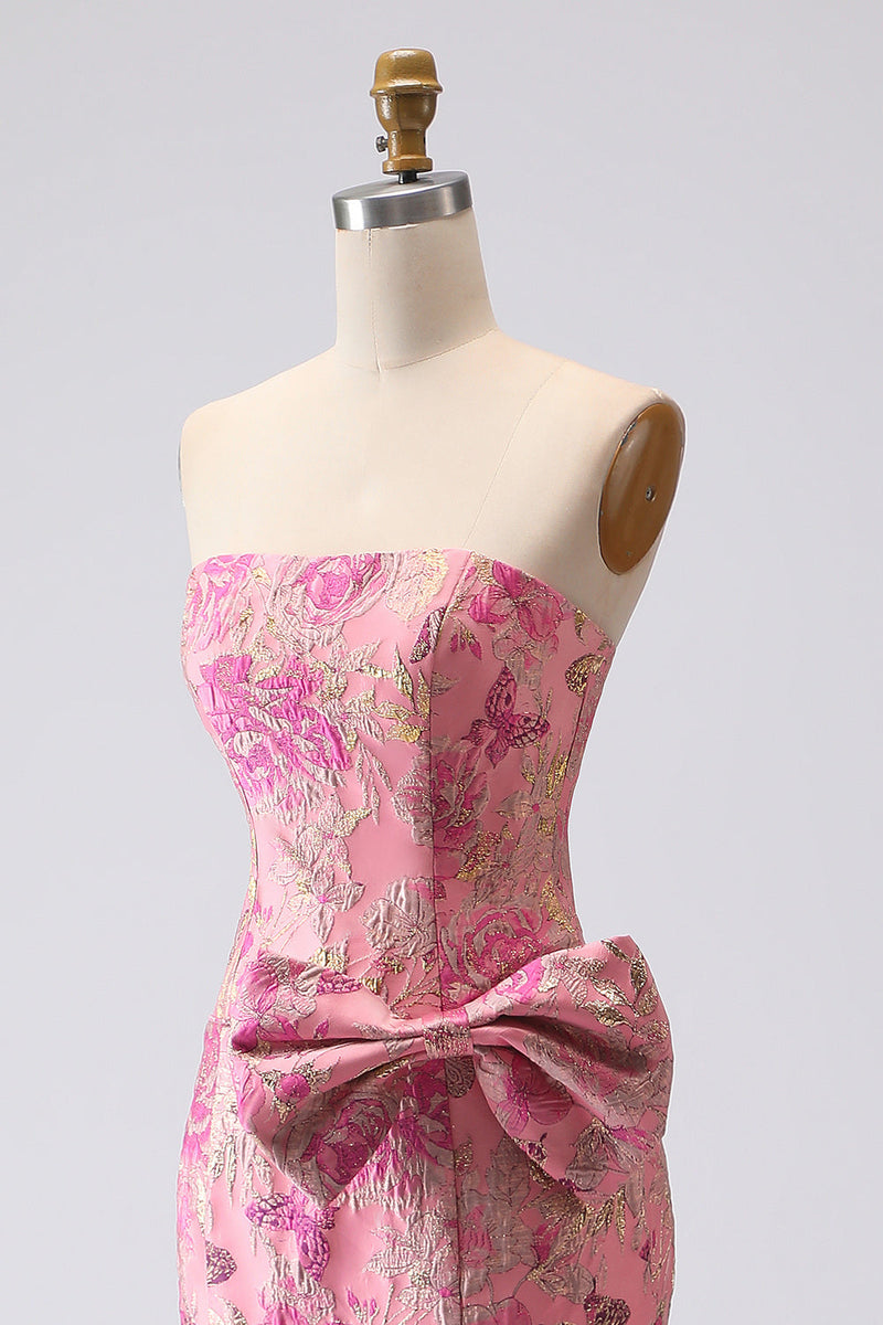 Laden Sie das Bild in den Galerie-Viewer, Fuchsia Meerjungfrauen Schleife Trägerloses Jacquard Langes Ballkleid mit Schlitz