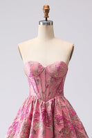 Laden Sie das Bild in den Galerie-Viewer, Fuchsia Jacquard A Linie Korsett Trägerloses Langes Ballkleid