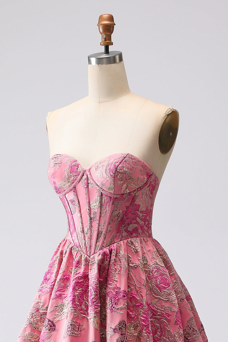 Laden Sie das Bild in den Galerie-Viewer, Fuchsia Jacquard A Linie Korsett Trägerloses Langes Ballkleid