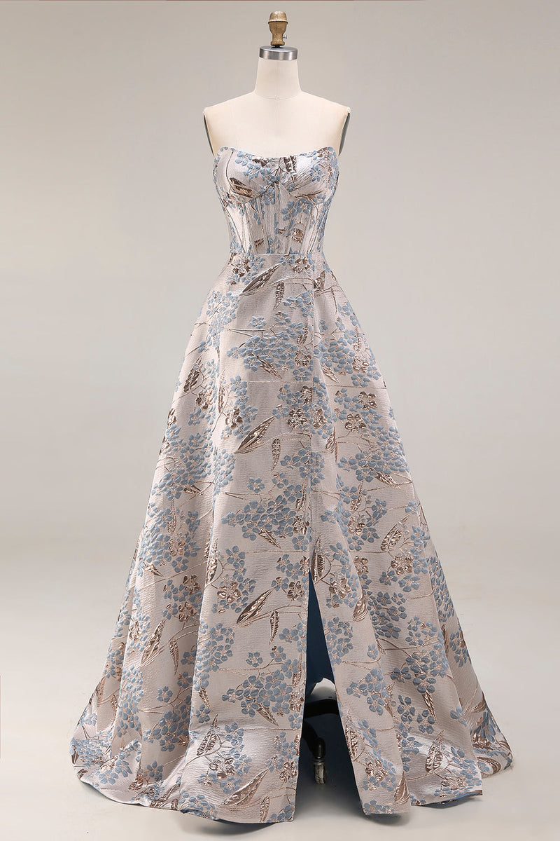 Laden Sie das Bild in den Galerie-Viewer, Silbernes Jacquard Trägerloses A-Linie Korsett Langes Abschlussballkleid mit Schlitz