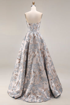 Silbernes Jacquard Trägerloses A-Linie Korsett Langes Abschlussballkleid mit Schlitz