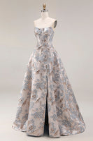 Laden Sie das Bild in den Galerie-Viewer, Silbernes Jacquard Trägerloses A-Linie Korsett Langes Abschlussballkleid mit Schlitz