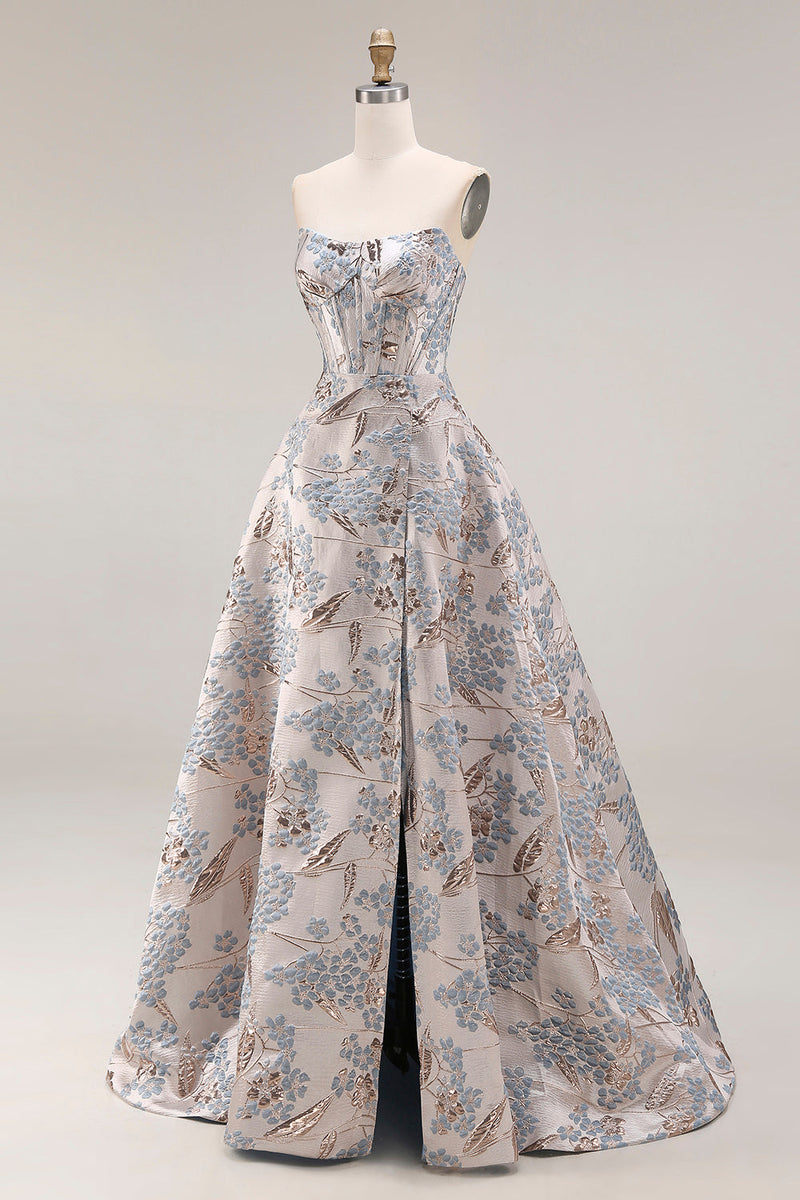 Laden Sie das Bild in den Galerie-Viewer, Silbernes Jacquard Trägerloses A-Linie Korsett Langes Abschlussballkleid mit Schlitz