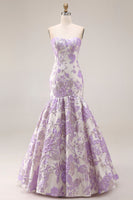 Laden Sie das Bild in den Galerie-Viewer, Trägerloses Meerjungfrauen Lila Jacquard Satin Brokat Langes Blumen Ballkleid