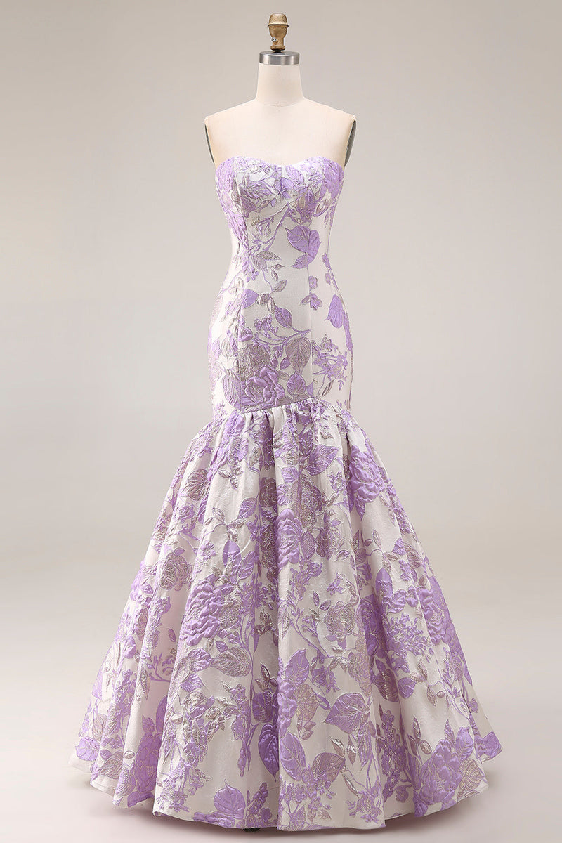 Laden Sie das Bild in den Galerie-Viewer, Trägerloses Meerjungfrauen Lila Jacquard Satin Brokat Langes Blumen Ballkleid