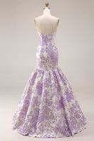 Laden Sie das Bild in den Galerie-Viewer, Trägerloses Meerjungfrauen Lila Jacquard Satin Brokat Langes Blumen Ballkleid