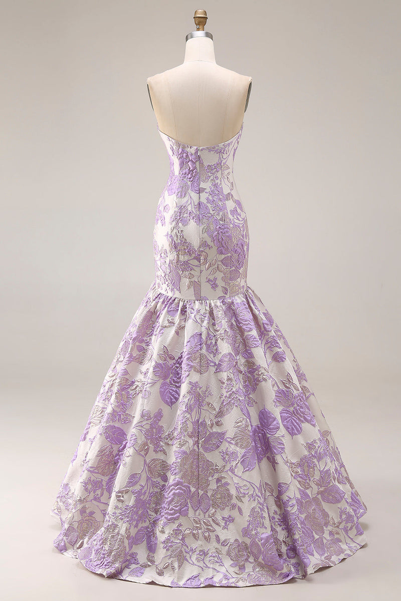 Laden Sie das Bild in den Galerie-Viewer, Trägerloses Meerjungfrauen Lila Jacquard Satin Brokat Langes Blumen Ballkleid