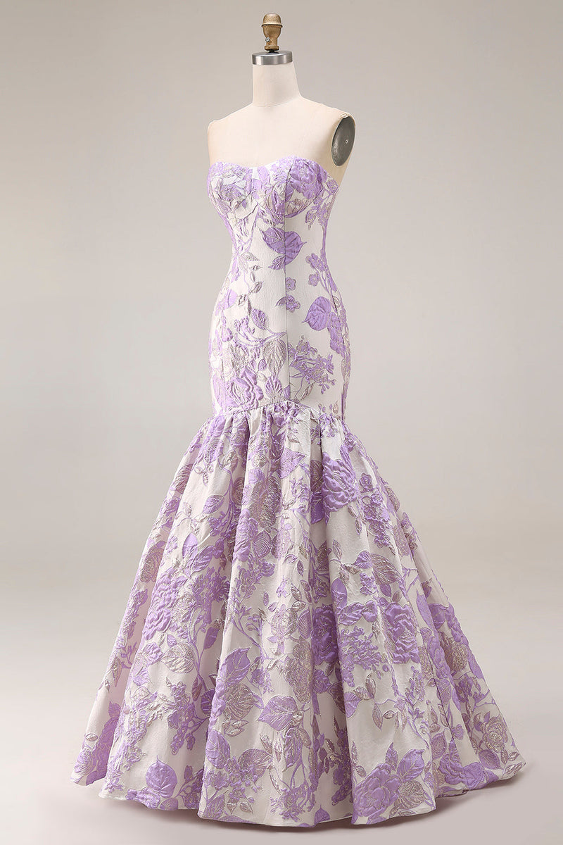 Laden Sie das Bild in den Galerie-Viewer, Trägerloses Meerjungfrauen Lila Jacquard Satin Brokat Langes Blumen Ballkleid