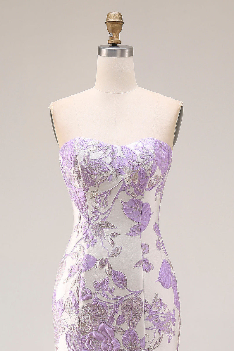 Laden Sie das Bild in den Galerie-Viewer, Trägerloses Meerjungfrauen Lila Jacquard Satin Brokat Langes Blumen Ballkleid