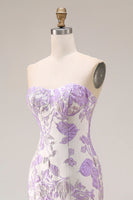 Laden Sie das Bild in den Galerie-Viewer, Trägerloses Meerjungfrauen Lila Jacquard Satin Brokat Langes Blumen Ballkleid