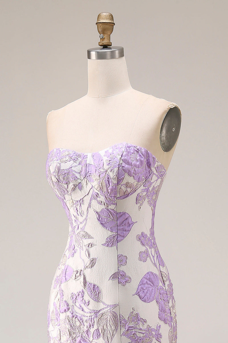Laden Sie das Bild in den Galerie-Viewer, Trägerloses Meerjungfrauen Lila Jacquard Satin Brokat Langes Blumen Ballkleid