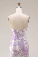 Laden Sie das Bild in den Galerie-Viewer, Trägerloses Meerjungfrauen Lila Jacquard Satin Brokat Langes Blumen Ballkleid