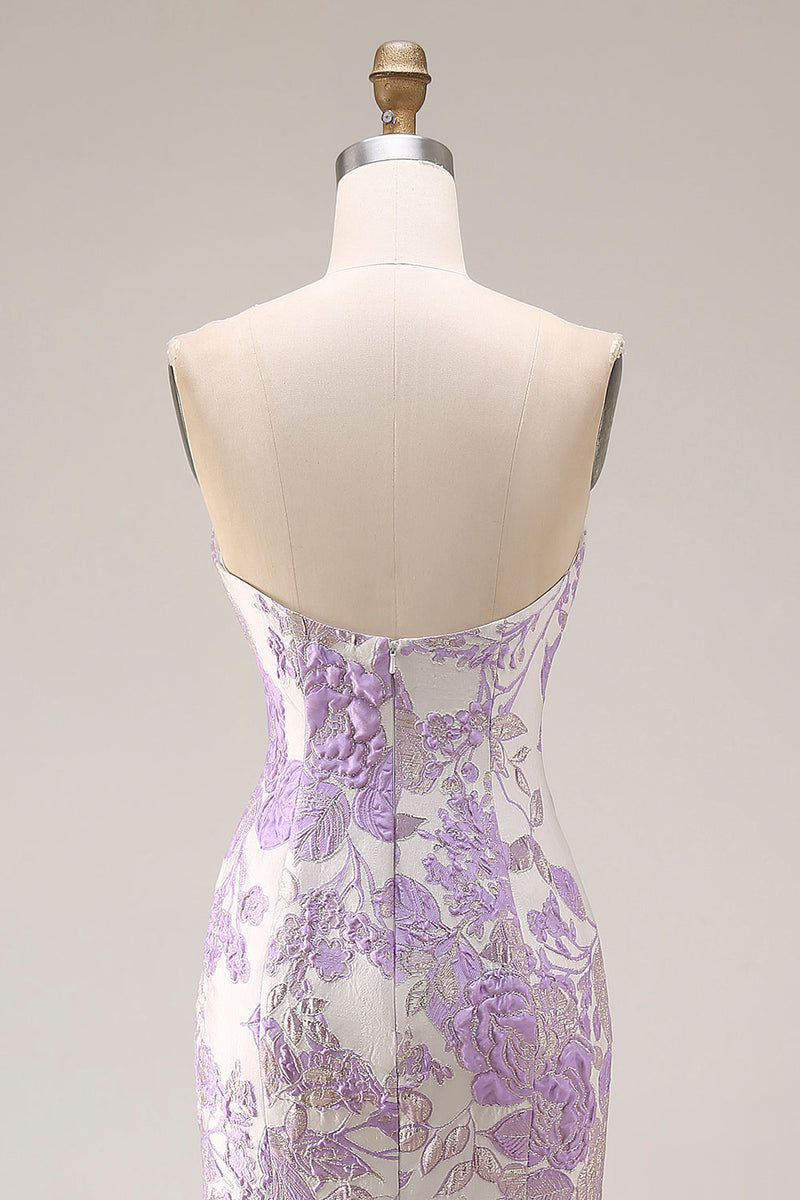 Laden Sie das Bild in den Galerie-Viewer, Trägerloses Meerjungfrauen Lila Jacquard Satin Brokat Langes Blumen Ballkleid