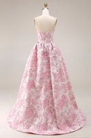Laden Sie das Bild in den Galerie-Viewer, Rosa Blumen Trägerloses Korsett Jacquard Brocade A-Linie Langes Ballkleid mit Schlitz