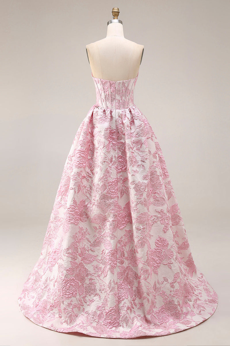 Laden Sie das Bild in den Galerie-Viewer, Rosa Blumen Trägerloses Korsett Jacquard Brocade A-Linie Langes Ballkleid mit Schlitz