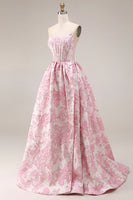 Laden Sie das Bild in den Galerie-Viewer, Rosa Blumen Trägerloses Korsett Jacquard Brocade A-Linie Langes Ballkleid mit Schlitz