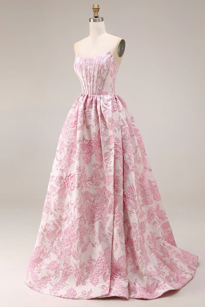 Laden Sie das Bild in den Galerie-Viewer, Rosa Blumen Trägerloses Korsett Jacquard Brocade A-Linie Langes Ballkleid mit Schlitz