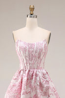 Laden Sie das Bild in den Galerie-Viewer, Rosa Blumen Trägerloses Korsett Jacquard Brocade A-Linie Langes Ballkleid mit Schlitz