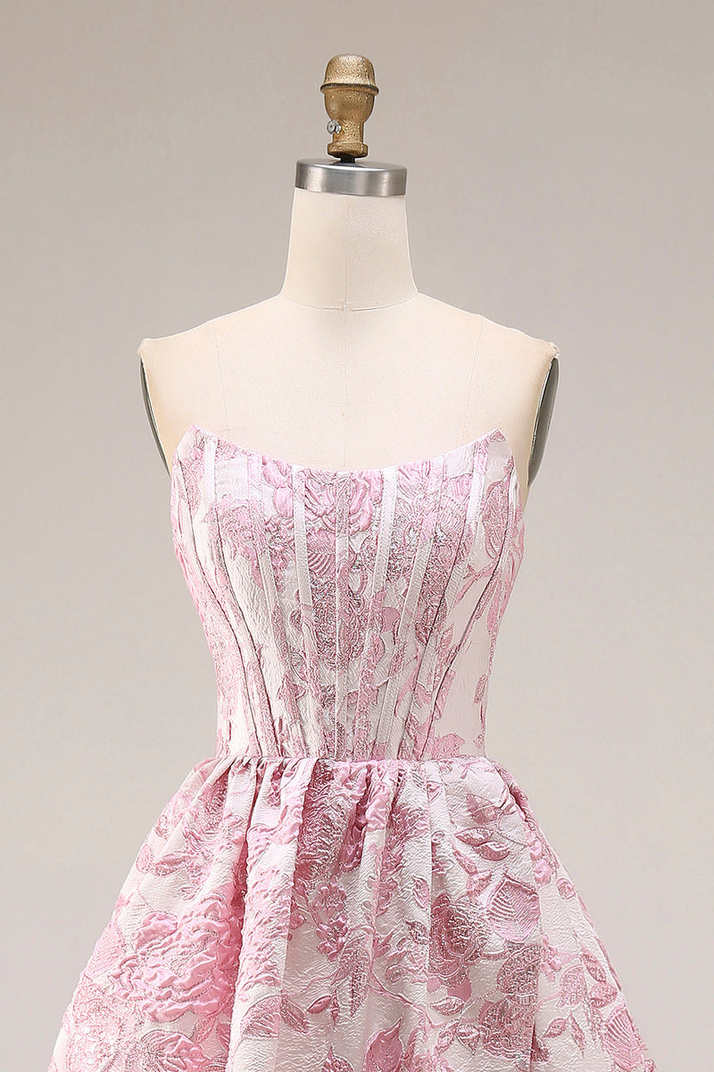 Laden Sie das Bild in den Galerie-Viewer, Rosa Blumen Trägerloses Korsett Jacquard Brocade A-Linie Langes Ballkleid mit Schlitz