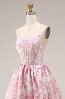 Laden Sie das Bild in den Galerie-Viewer, Rosa Blumen Trägerloses Korsett Jacquard Brocade A-Linie Langes Ballkleid mit Schlitz