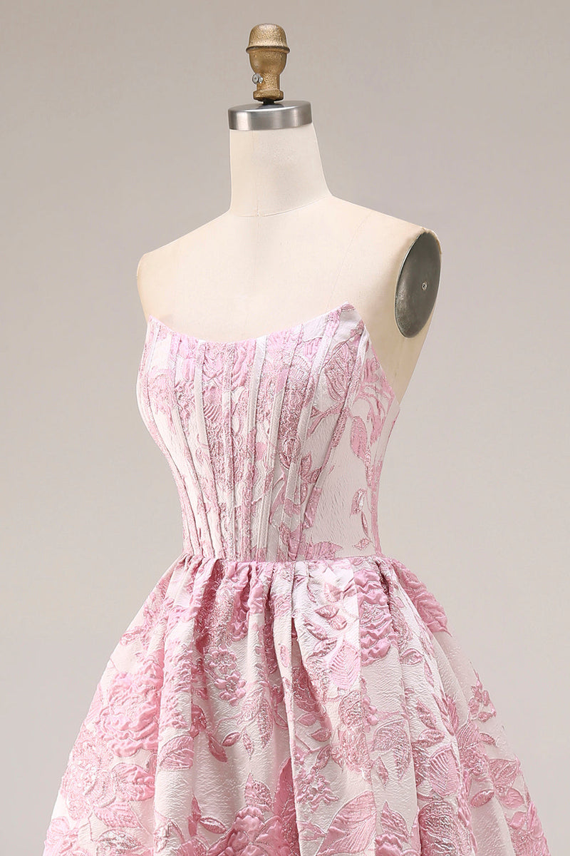Laden Sie das Bild in den Galerie-Viewer, Rosa Blumen Trägerloses Korsett Jacquard Brocade A-Linie Langes Ballkleid mit Schlitz