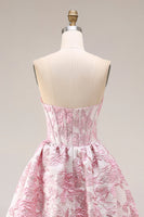 Laden Sie das Bild in den Galerie-Viewer, Rosa Blumen Trägerloses Korsett Jacquard Brocade A-Linie Langes Ballkleid mit Schlitz