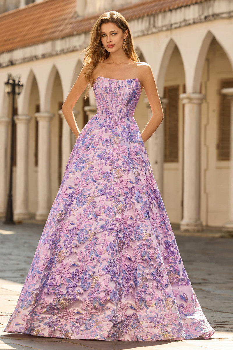 Laden Sie das Bild in den Galerie-Viewer, Lila Trägerloses Jacquard A-Linie Korsett Brokat Langes Ballkleid