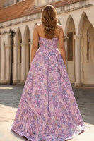 Laden Sie das Bild in den Galerie-Viewer, Lila Trägerloses A-Linie Satin Korsett Jacquard Brokat Langes Ballkleid