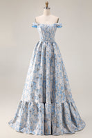 Laden Sie das Bild in den Galerie-Viewer, Schulterfreies Hellblaues A-Linie Jacquard Langes Wandelbares Ballkleid