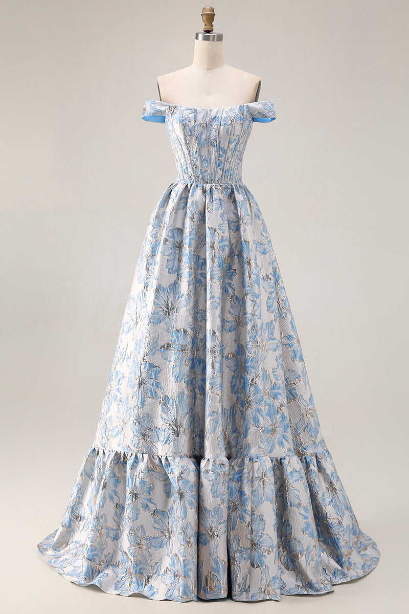 Laden Sie das Bild in den Galerie-Viewer, Schulterfreies Hellblaues A-Linie Jacquard Langes Wandelbares Ballkleid