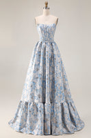 Laden Sie das Bild in den Galerie-Viewer, Schulterfreies Hellblaues A-Linie Jacquard Langes Wandelbares Ballkleid