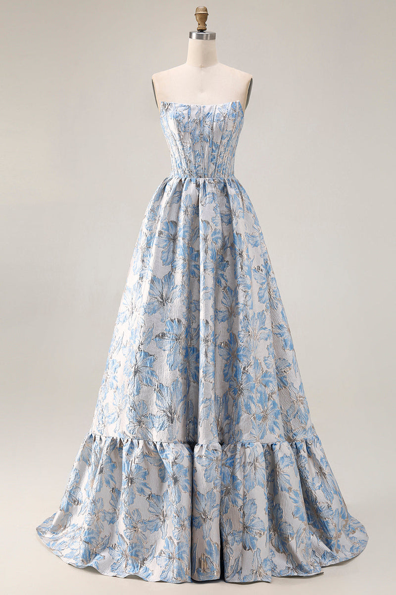 Laden Sie das Bild in den Galerie-Viewer, Schulterfreies Hellblaues A-Linie Jacquard Langes Wandelbares Ballkleid