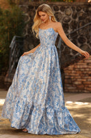 Laden Sie das Bild in den Galerie-Viewer, Hellblaues A-Linie Schulterfreies Jacquard Wandelbares Langes Ballkleid