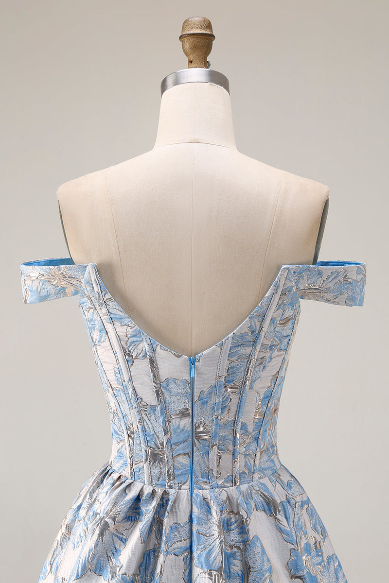 Laden Sie das Bild in den Galerie-Viewer, Schulterfreies Hellblaues A-Linie Jacquard Langes Wandelbares Ballkleid