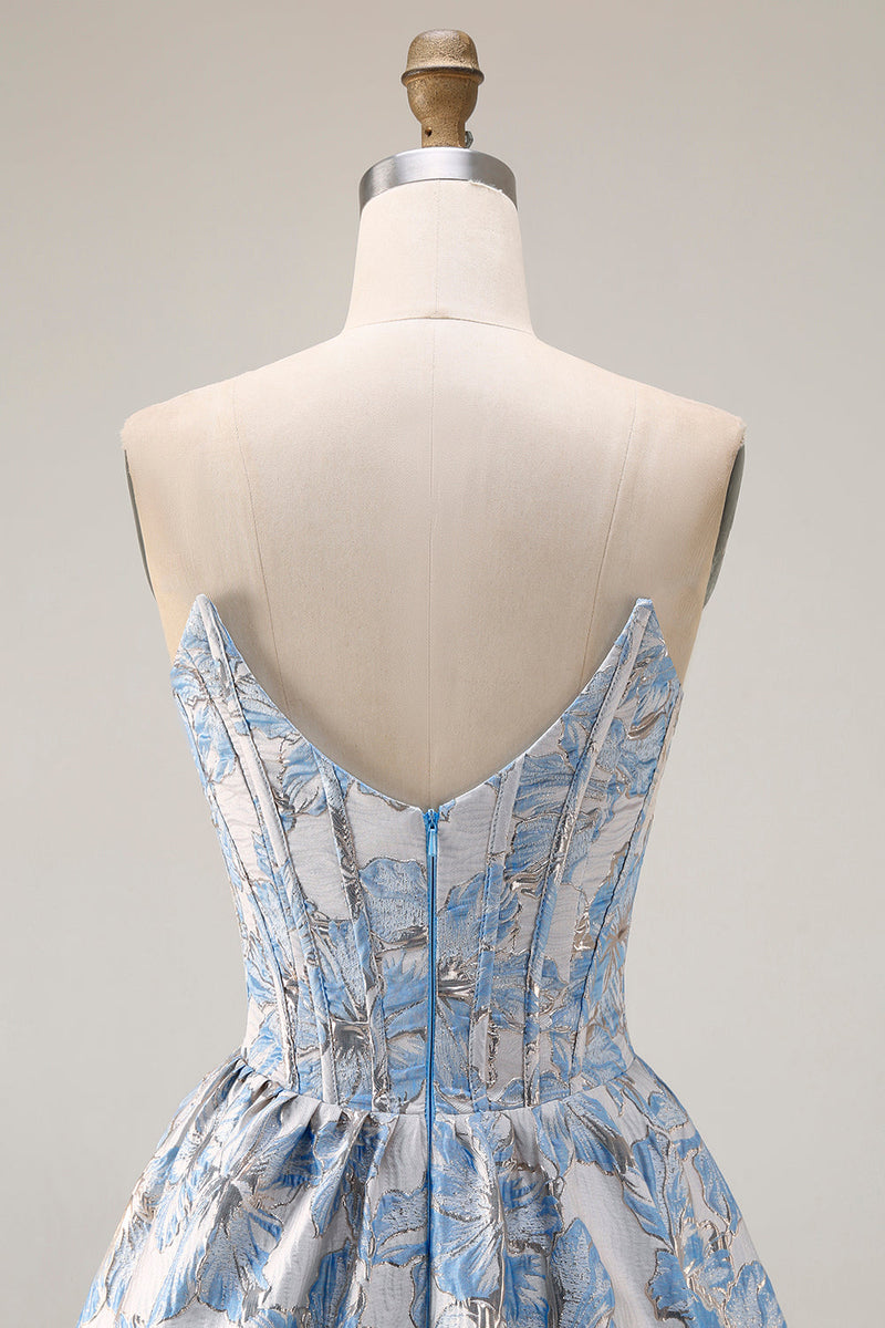 Laden Sie das Bild in den Galerie-Viewer, Schulterfreies Hellblaues A-Linie Jacquard Langes Wandelbares Ballkleid