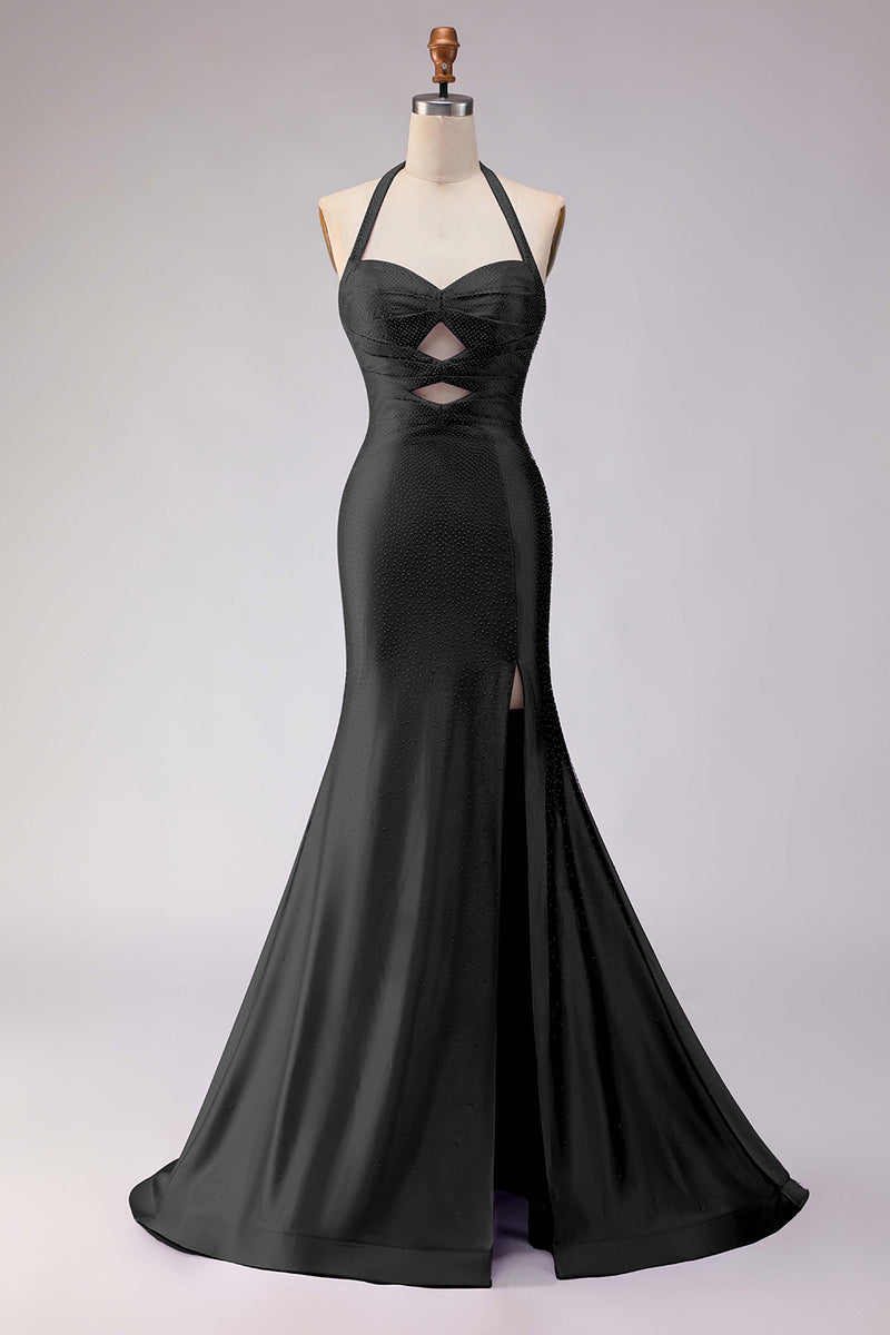 Laden Sie das Bild in den Galerie-Viewer, Meerjungfrauen Flieder Neckholder Ausgeschnittenes Langes Ballkleid mit Schlitz