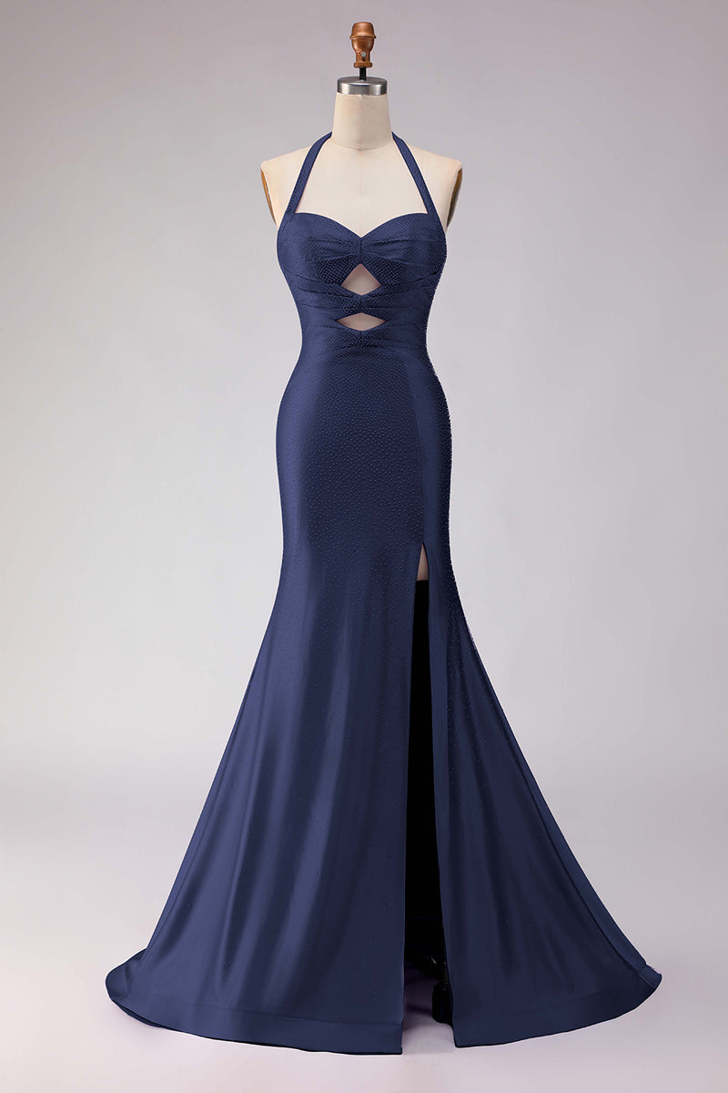 Laden Sie das Bild in den Galerie-Viewer, Meerjungfrauen Flieder Neckholder Ausgeschnittenes Langes Ballkleid mit Schlitz