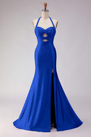 Laden Sie das Bild in den Galerie-Viewer, Meerjungfrauen Flieder Neckholder Ausgeschnittenes Langes Ballkleid mit Schlitz