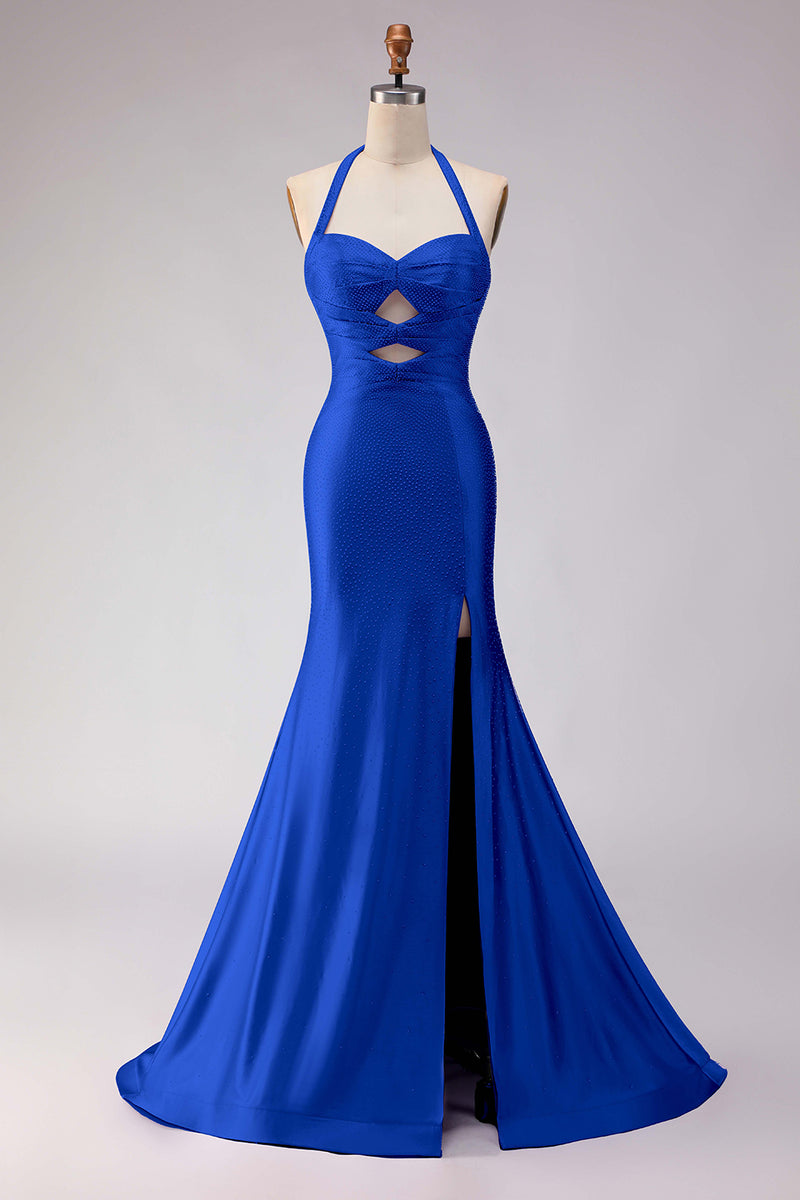 Laden Sie das Bild in den Galerie-Viewer, Meerjungfrauen Flieder Neckholder Ausgeschnittenes Langes Ballkleid mit Schlitz