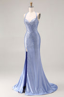 Laden Sie das Bild in den Galerie-Viewer, Hellblaues Meerjungfrauen Neckholder Korsett Langes Ballkleid mit Schlitz