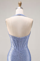 Laden Sie das Bild in den Galerie-Viewer, Hellblaues Meerjungfrauen Neckholder Korsett Langes Ballkleid mit Schlitz